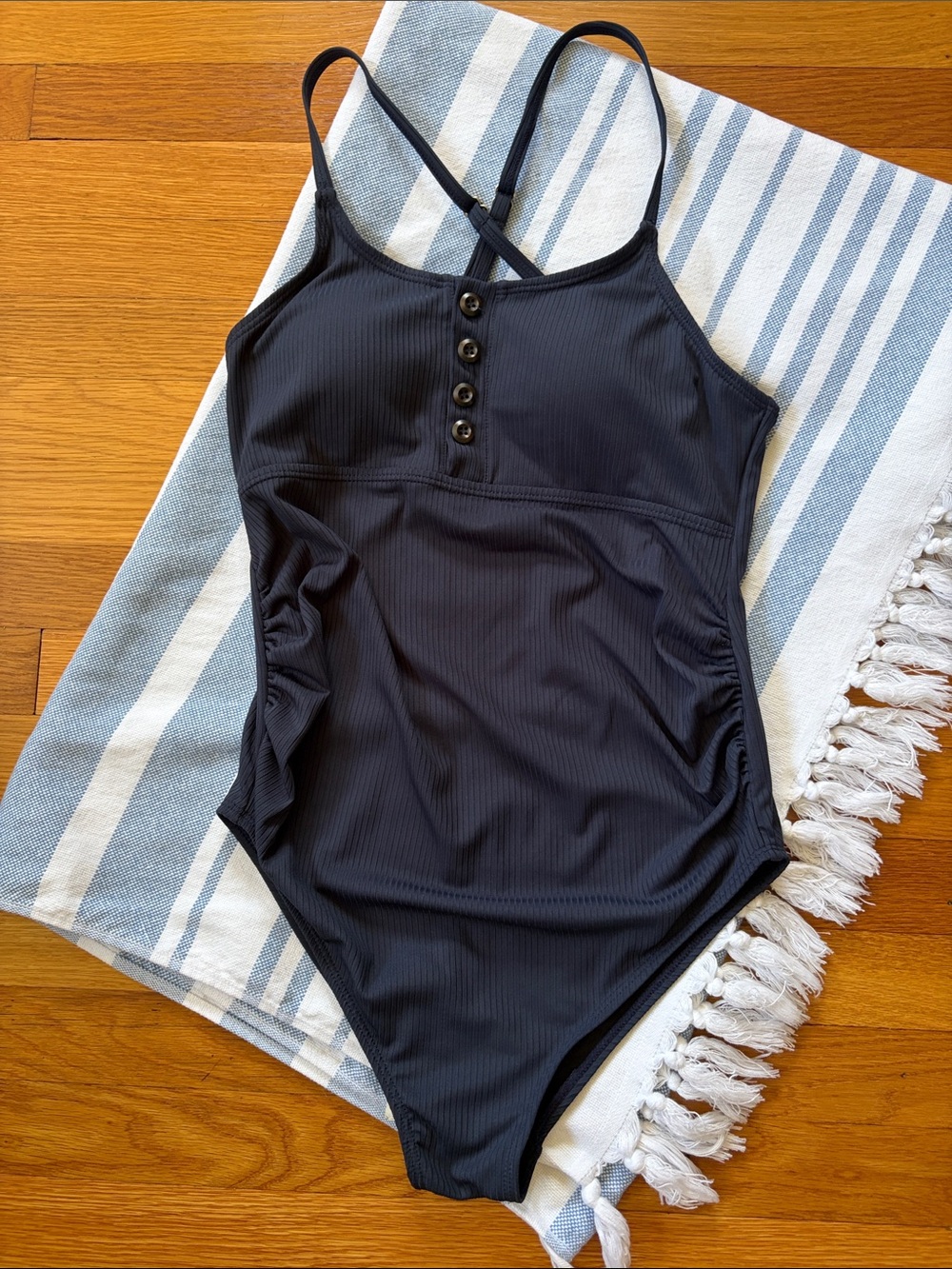 Navy Ribbed Maternity One-Piece Swimsuit with Button Front